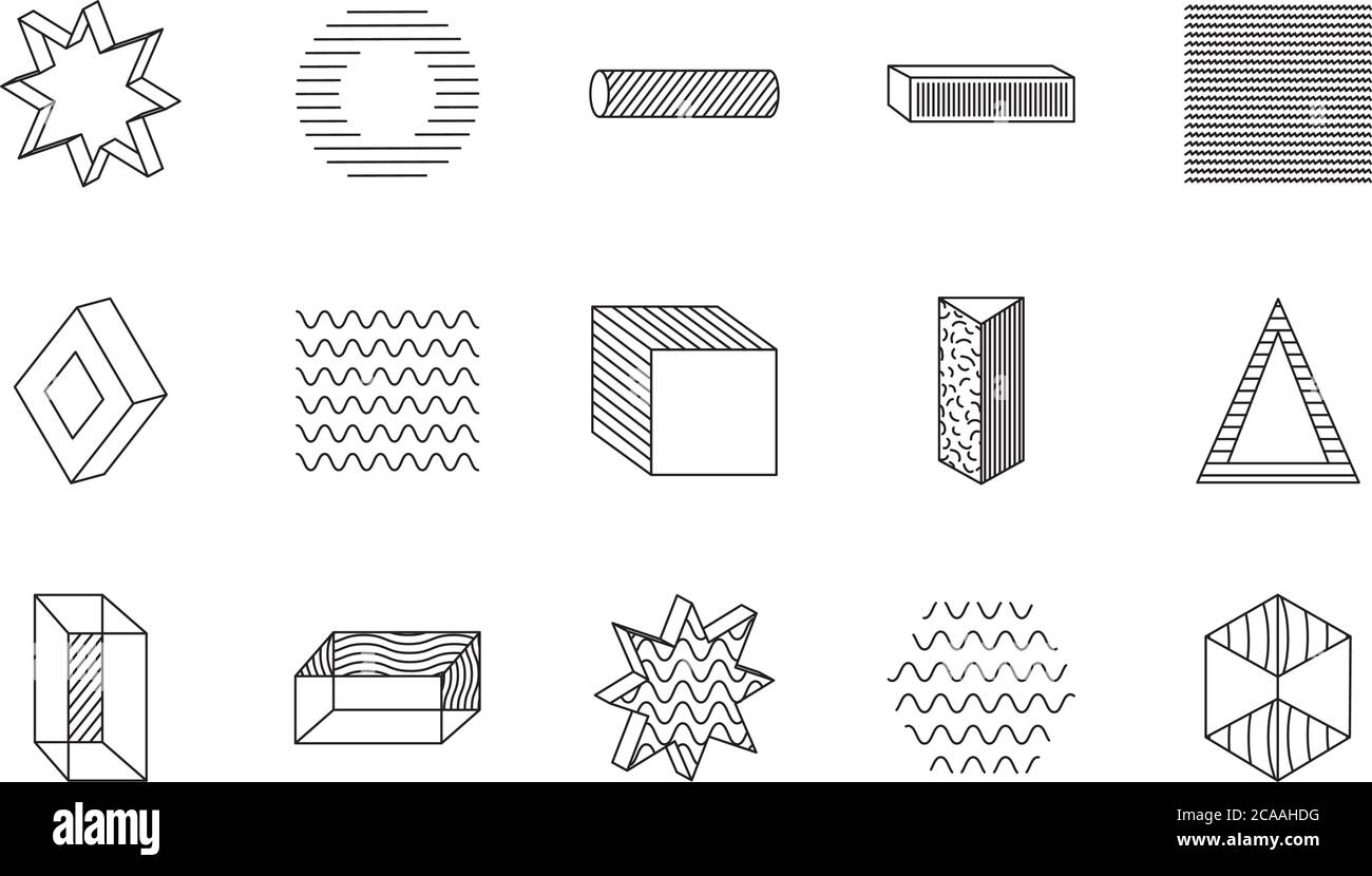 cube and geometric shapes icon set over white background, line style ...