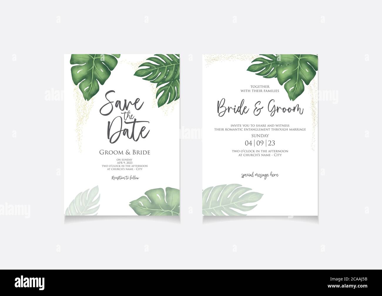 Wedding invitation card template with green tropical leaves in watercolor design background for save the date, invitation or greeting card. Stock Vector