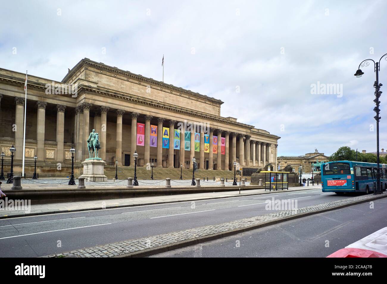 NHS virtue signalling on St Georges Hall exterior in Liverpool, Merseyside Stock Photo