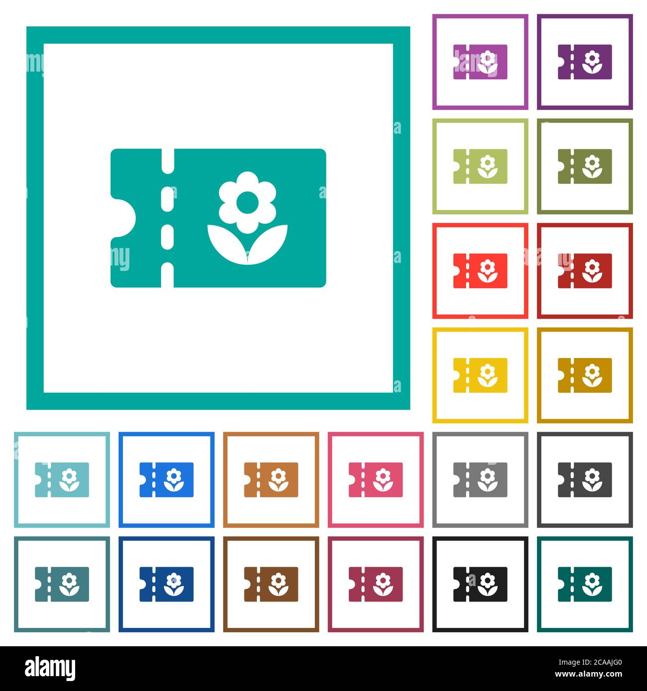 Flower shop discount coupon flat color icons with quadrant frames on