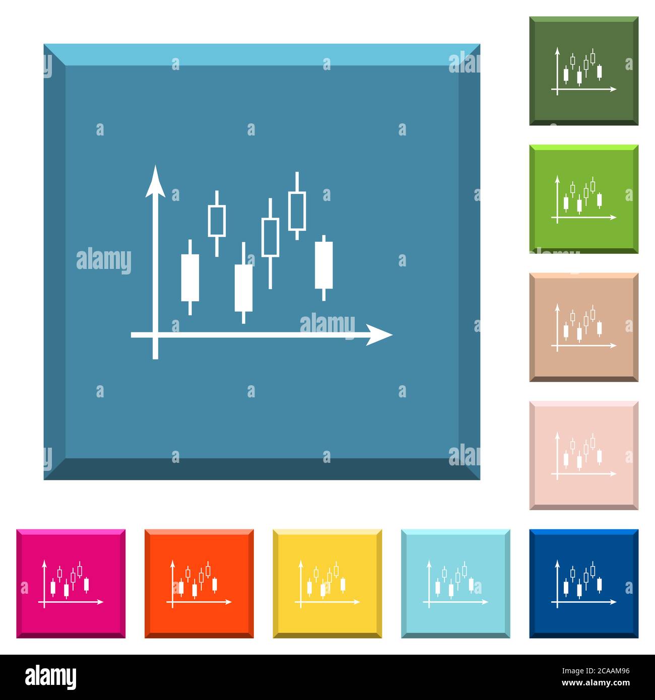Candlestick graph with axes white icons on edged square buttons in ...