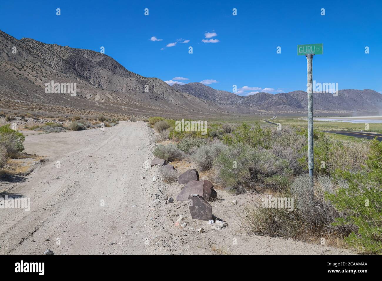 GERLACH, NEVADA, UNITED STATES - Jul 04, 2020: Guru Road, a dirt road adjacent to the playa in northern Nevada's Black Rock Desert, has been lined wit Stock Photo