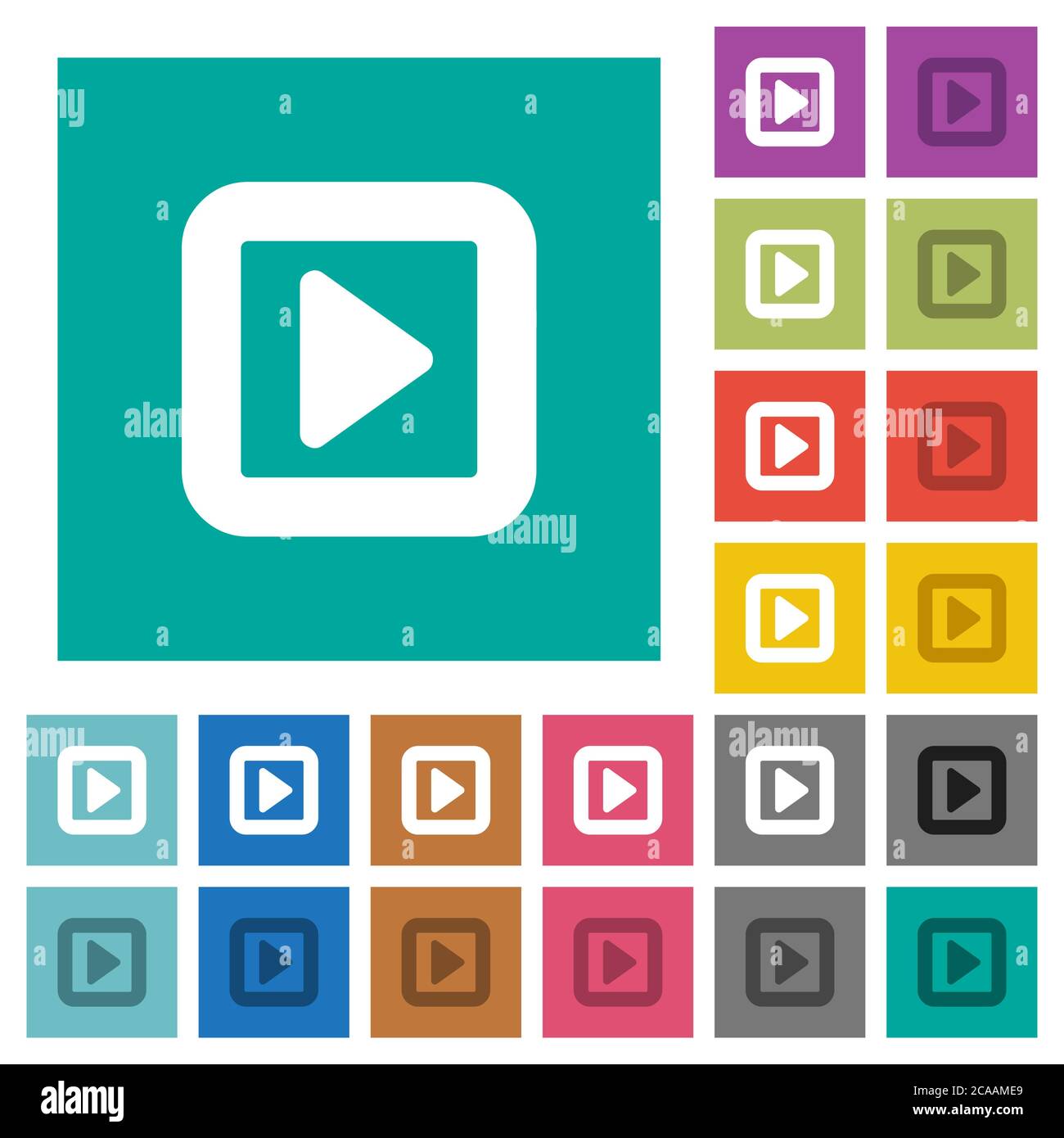 Toggle right multi colored flat icons on plain square backgrounds. Included white and darker icon variations for hover or active effects. Stock Vector