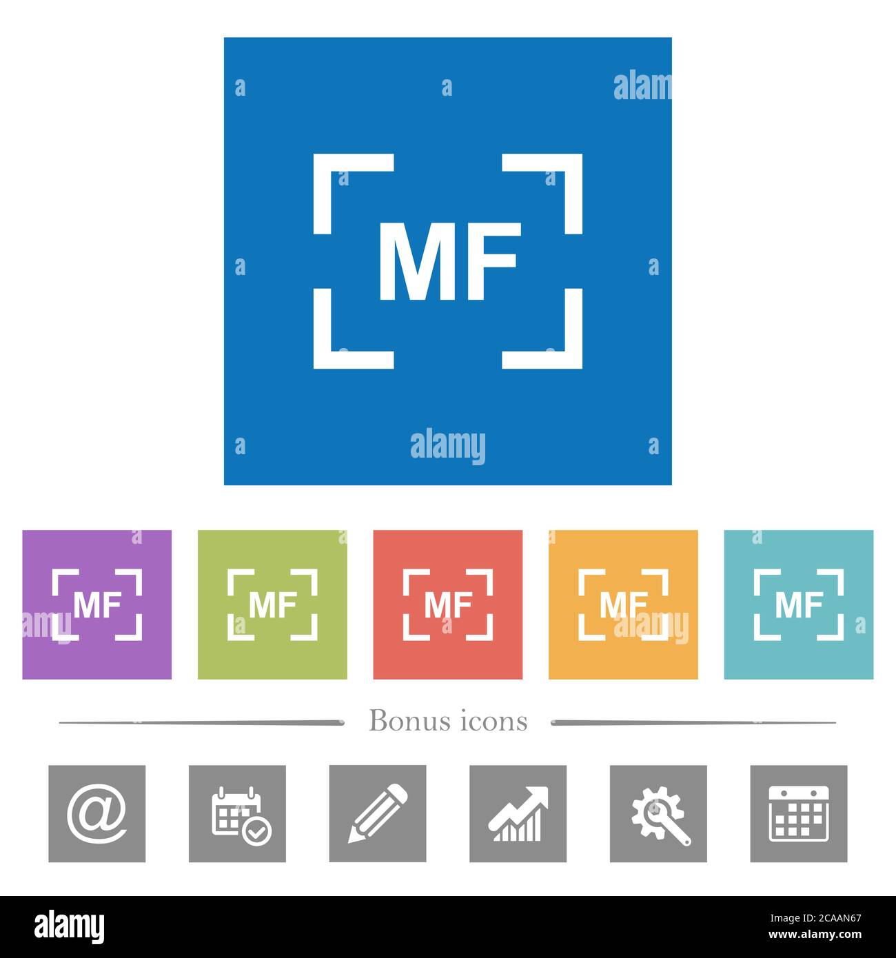 Camera manual focus mode flat white icons in square backgrounds. 6