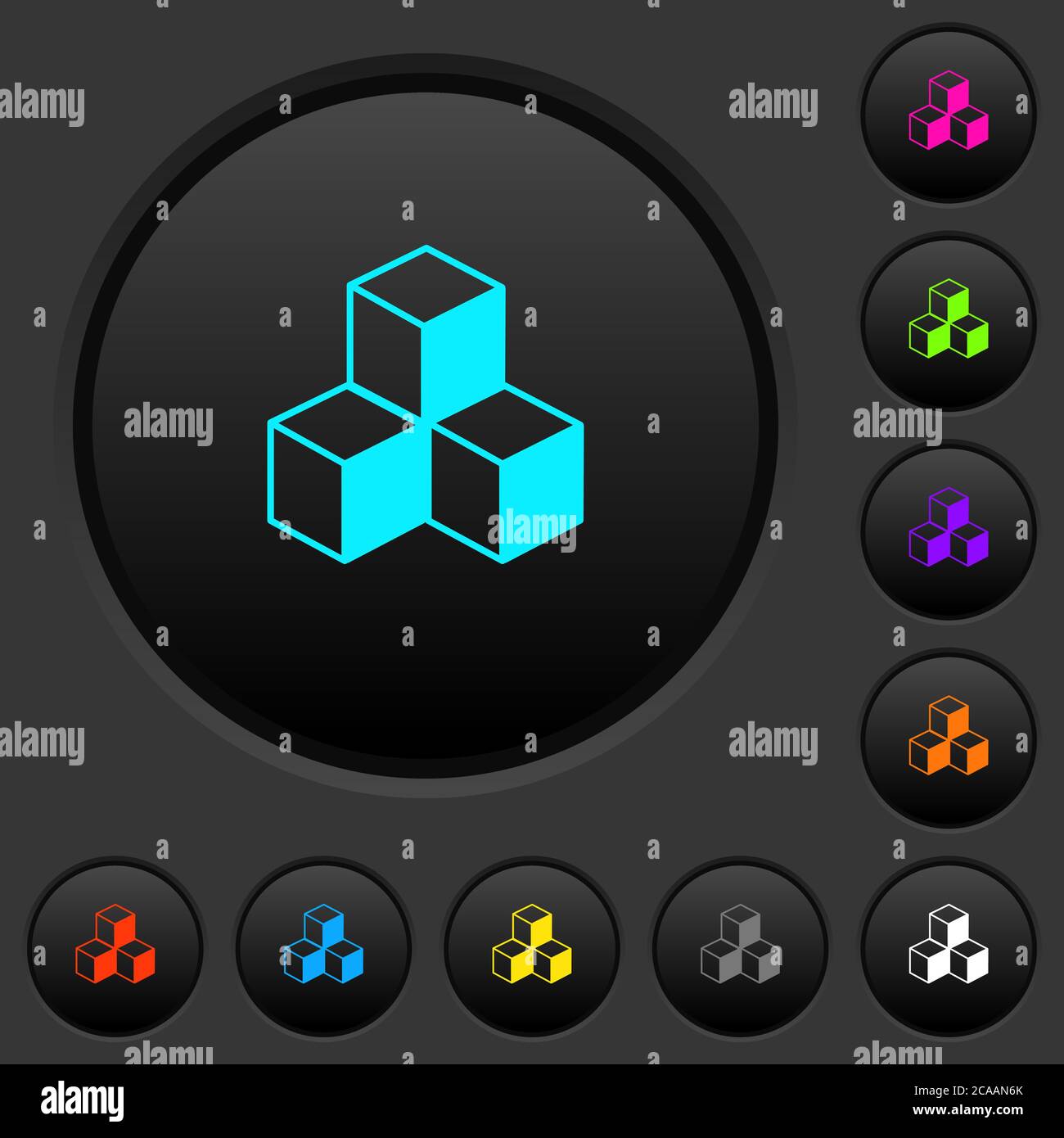 Cubes dark push buttons with vivid color icons on dark grey background ...
