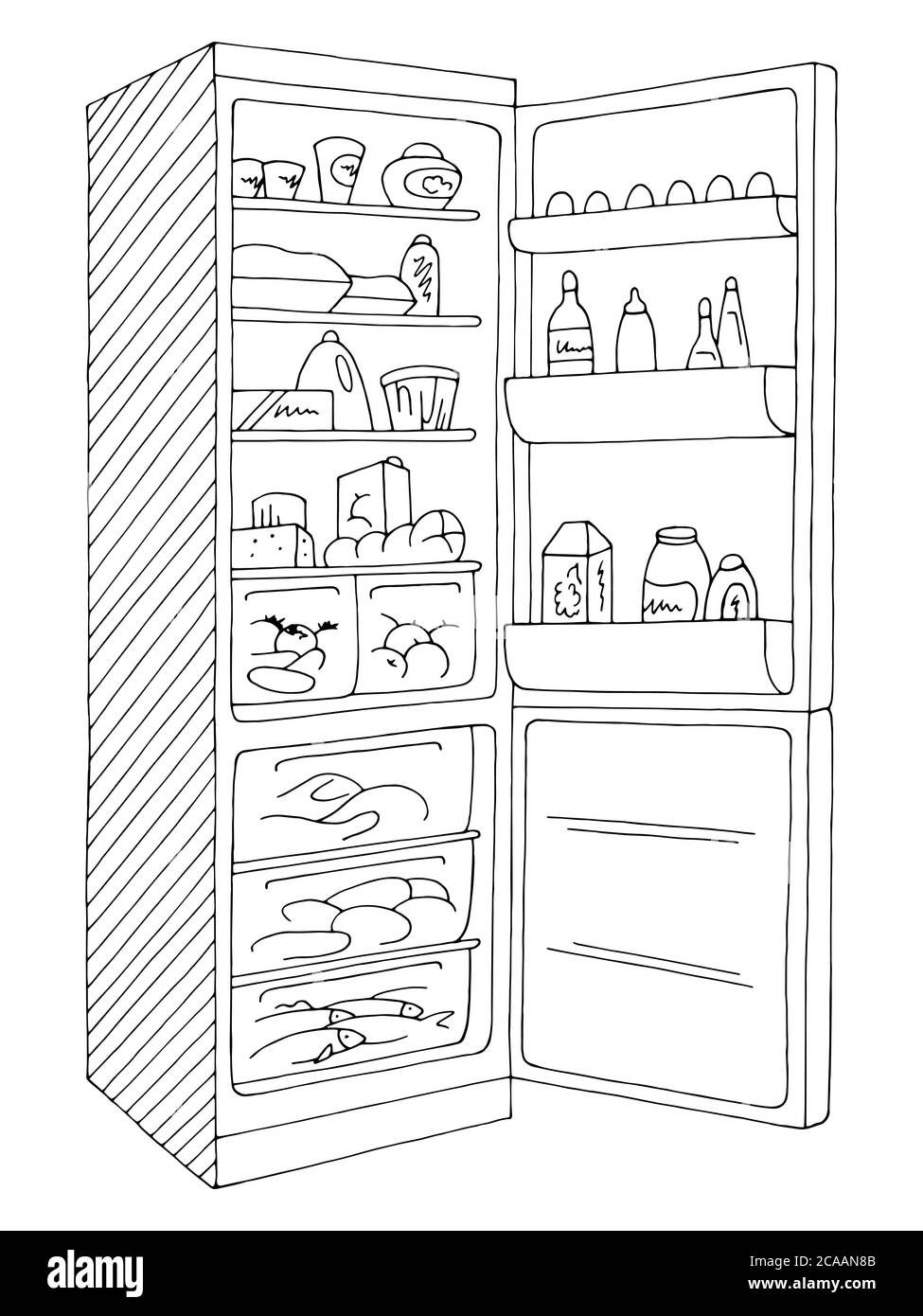 Refrigerator open graphic isolated black white sketch illustration vector Stock Vector