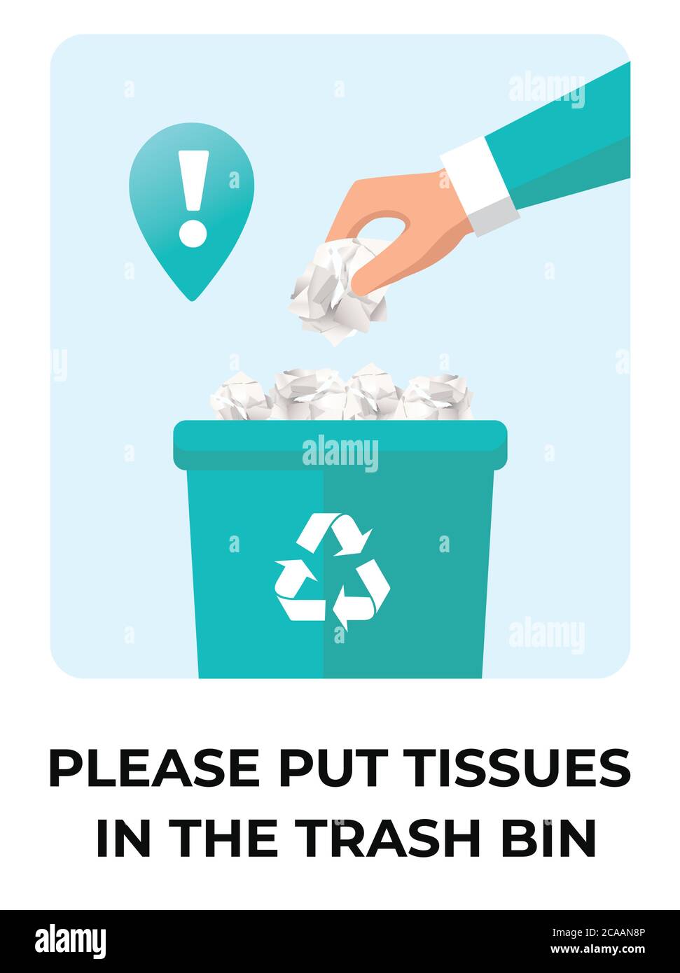 Put tissues in the trash bin sign. Facial Tissues In Garbage Bin. Tissues and Trash Box. new dustbin rule. hand throwing tissue. keep clean Stock Vector