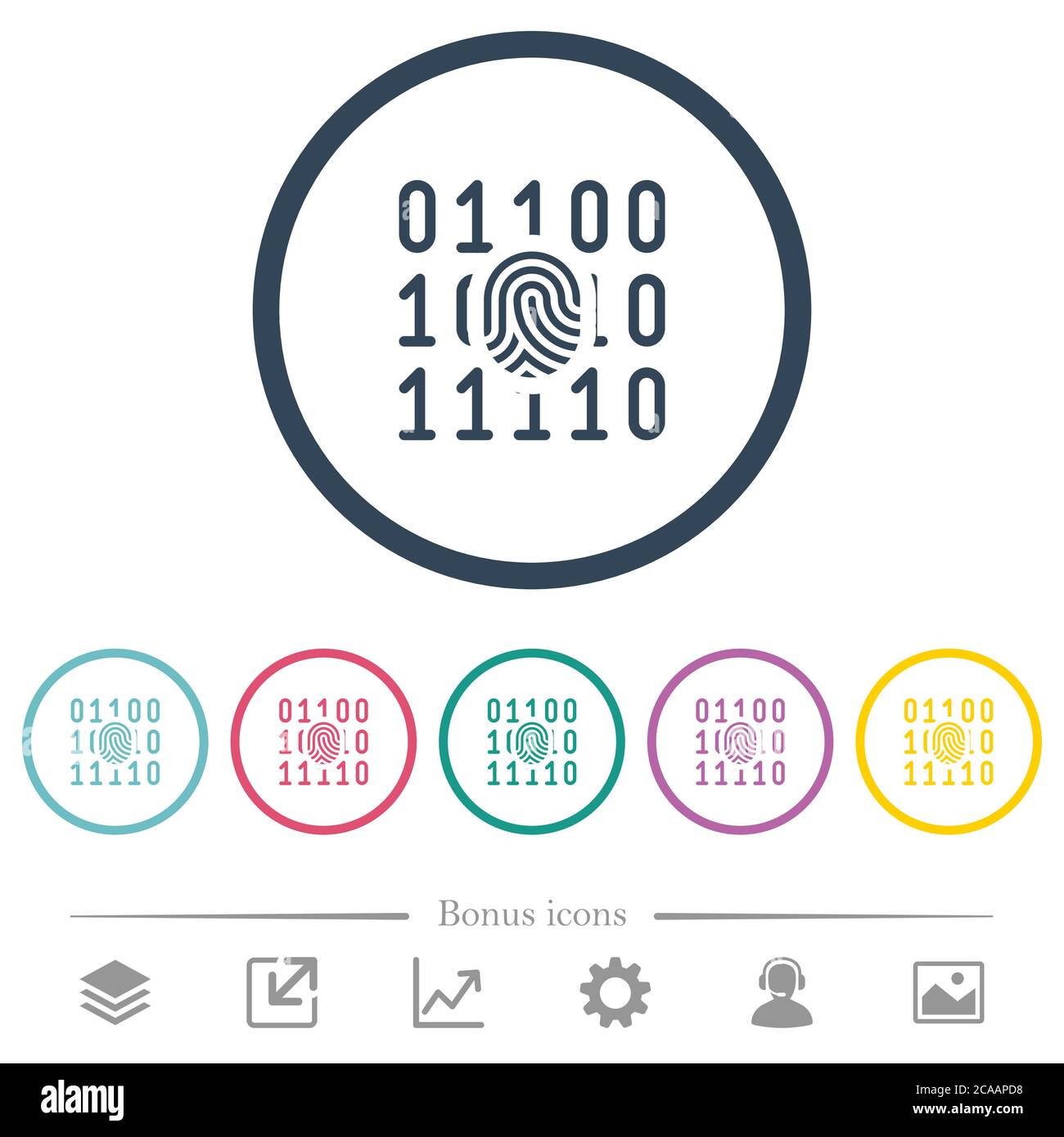 Digital fingerprint flat color icons in round outlines. 6 bonus icons ...