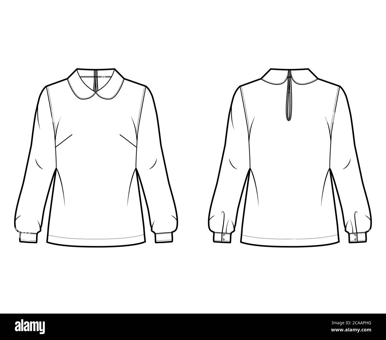 Round collar blouse technical fashion illustration with loose silhouette, long shirt sleeve, back button-fastening keyhole. Flat apparel template front back white color. Women, men unisex top mockup Stock Vector