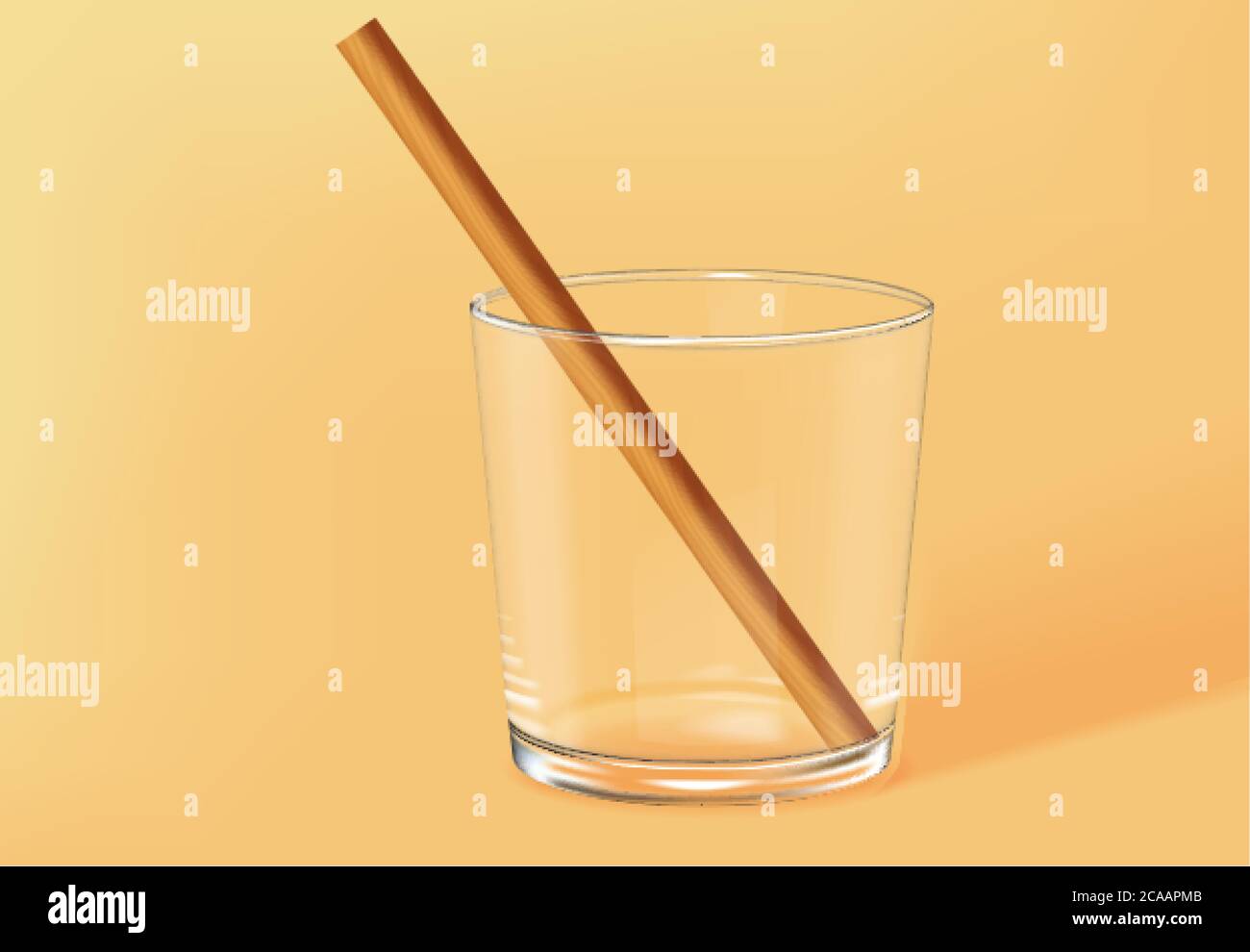 Empty old fashioned glass with bamboo straw inside. Beige background. Vector Stock Vector