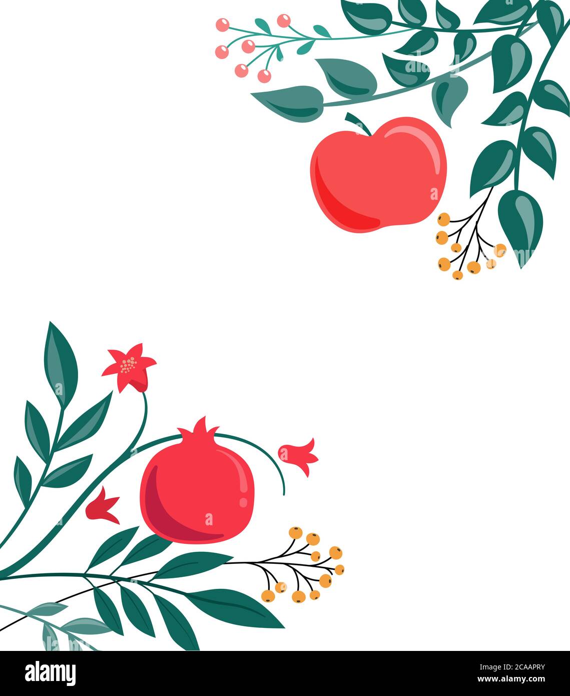 Rosh Hashana, Jewish New Year greeting card with pomegranate, apple and flowers. Vector illustration Stock Vector