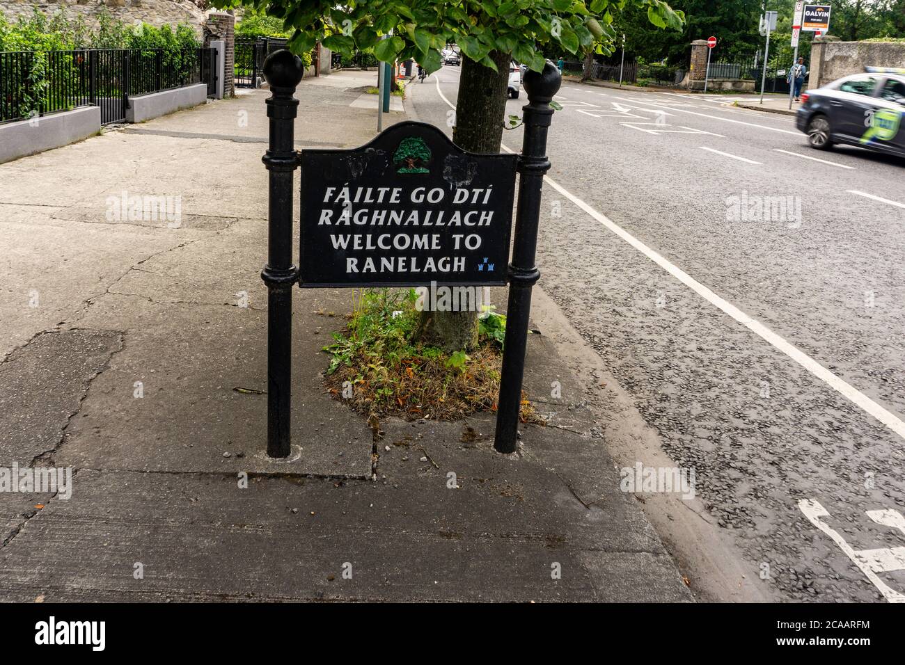 The sign welcoming visitors to the residential and urban village of Ranelagh on the south side of Dublin, Ireland. Stock Photo
