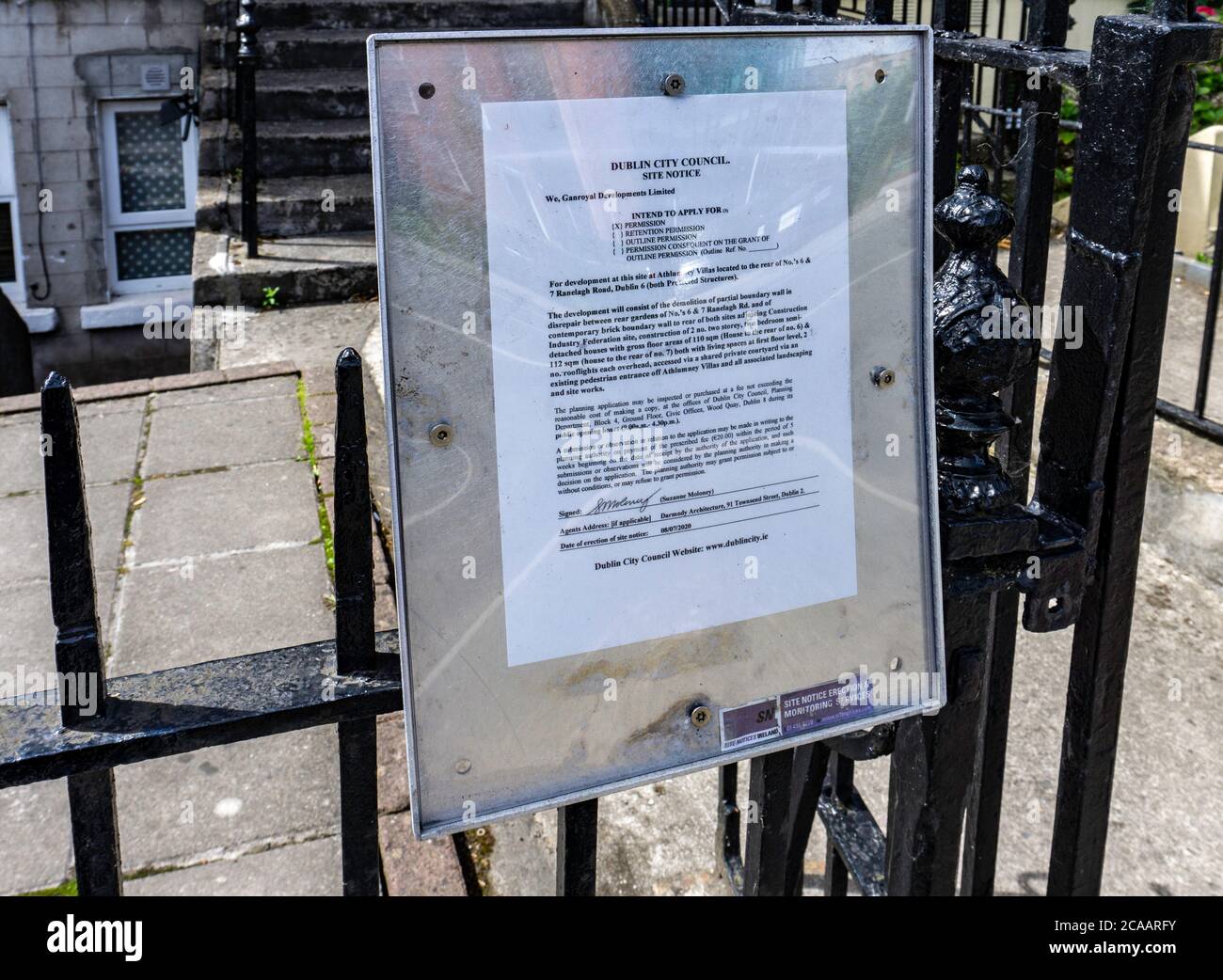 A planning application attached to an outside railing of a house, to comply with planning regulations, on Ranelagh Road, Dublin, Ireland. Stock Photo