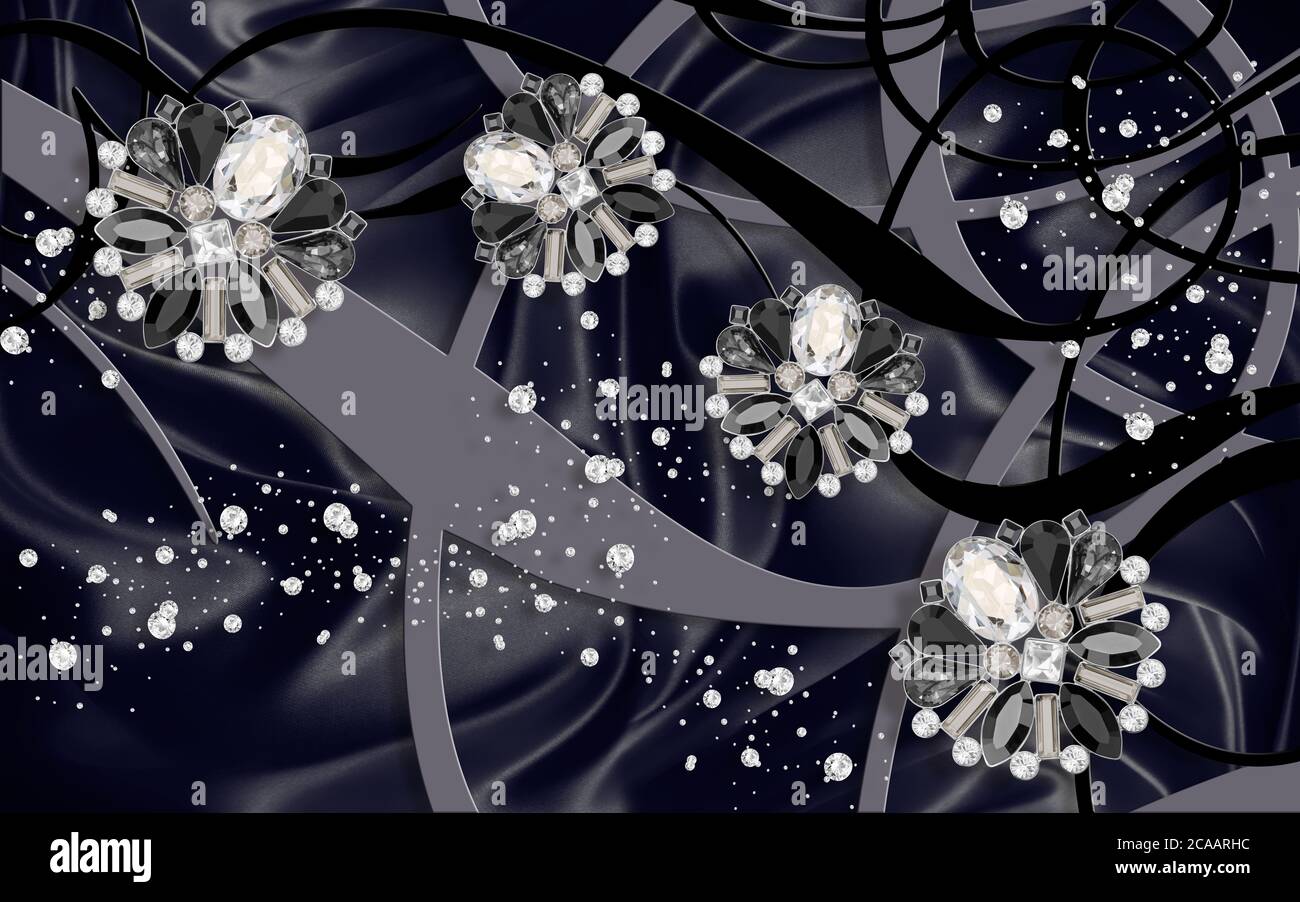 3D wallpaper, Jewelry flowers, silver silk and abstract background. Black  and white Stock Photo - Alamy