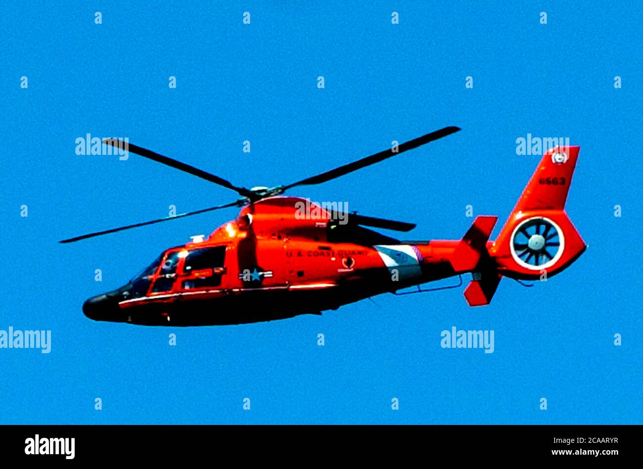 Red Helicopter overhead Stock Photo Alamy