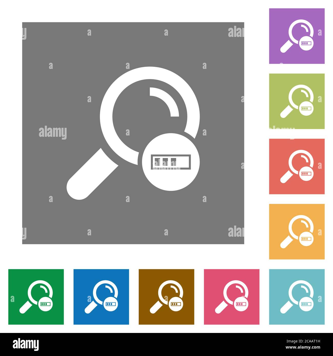 Search in progress flat icons on simple color square backgrounds Stock Vector