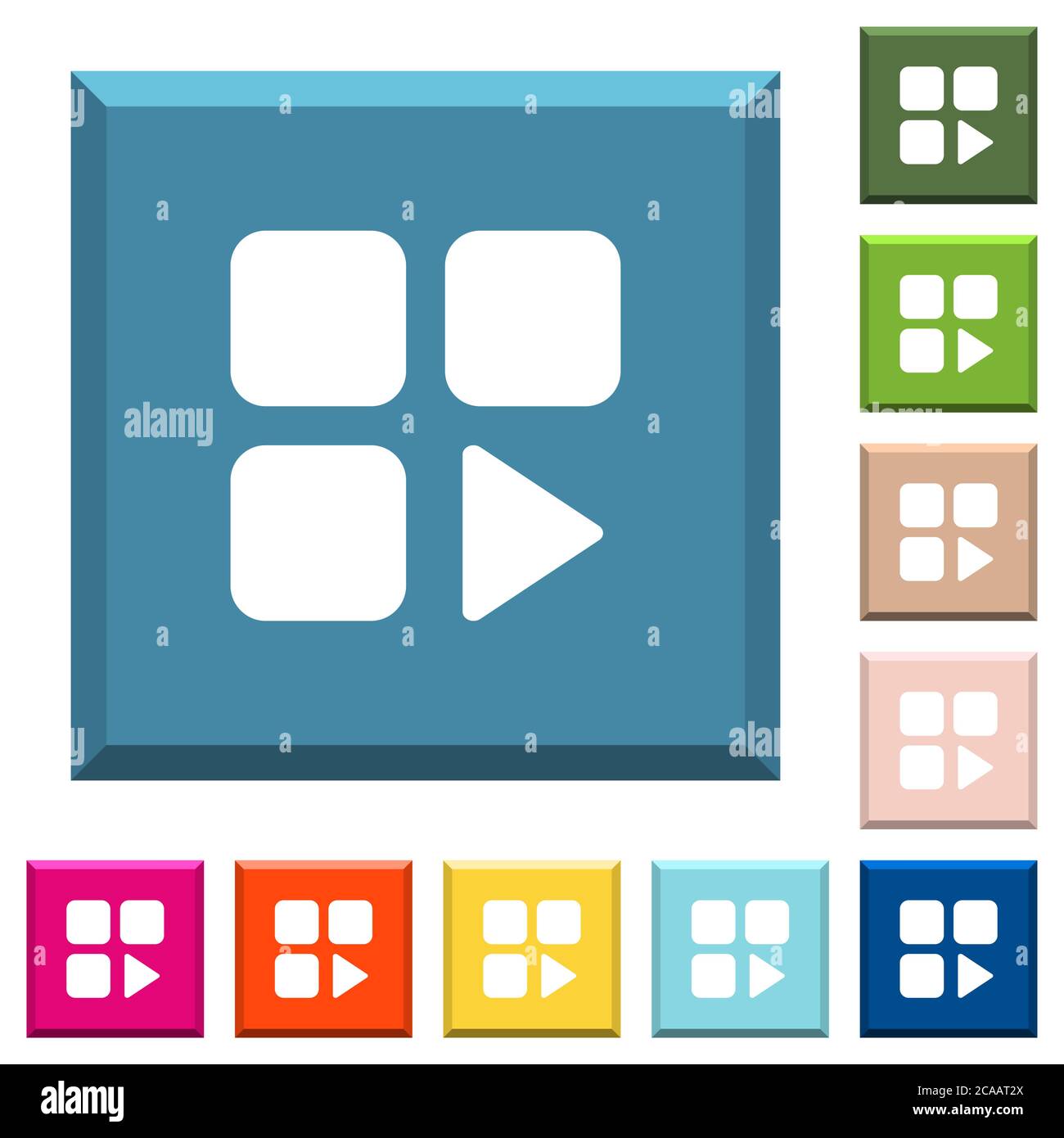 Component play white icons on edged square buttons in various trendy ...