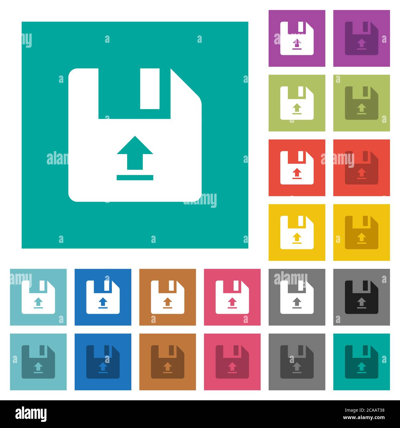 Upload file multi colored flat icons on plain square backgrounds. Included white and darker icon variations for hover or active effects. Stock Vector