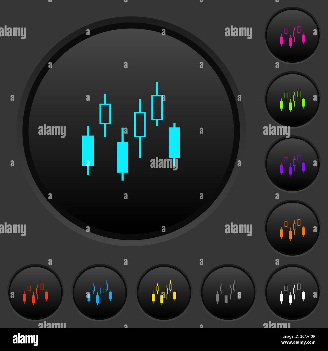 Candlestick chart dark push buttons with vivid color icons on dark grey ...