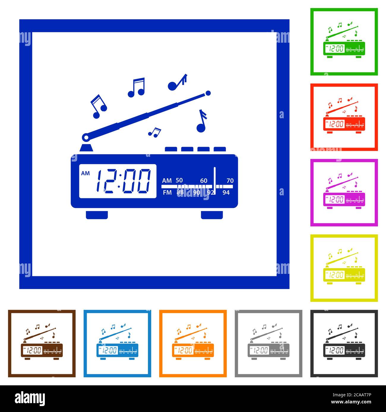 Vintage radio clock with music flat color icons in square frames on