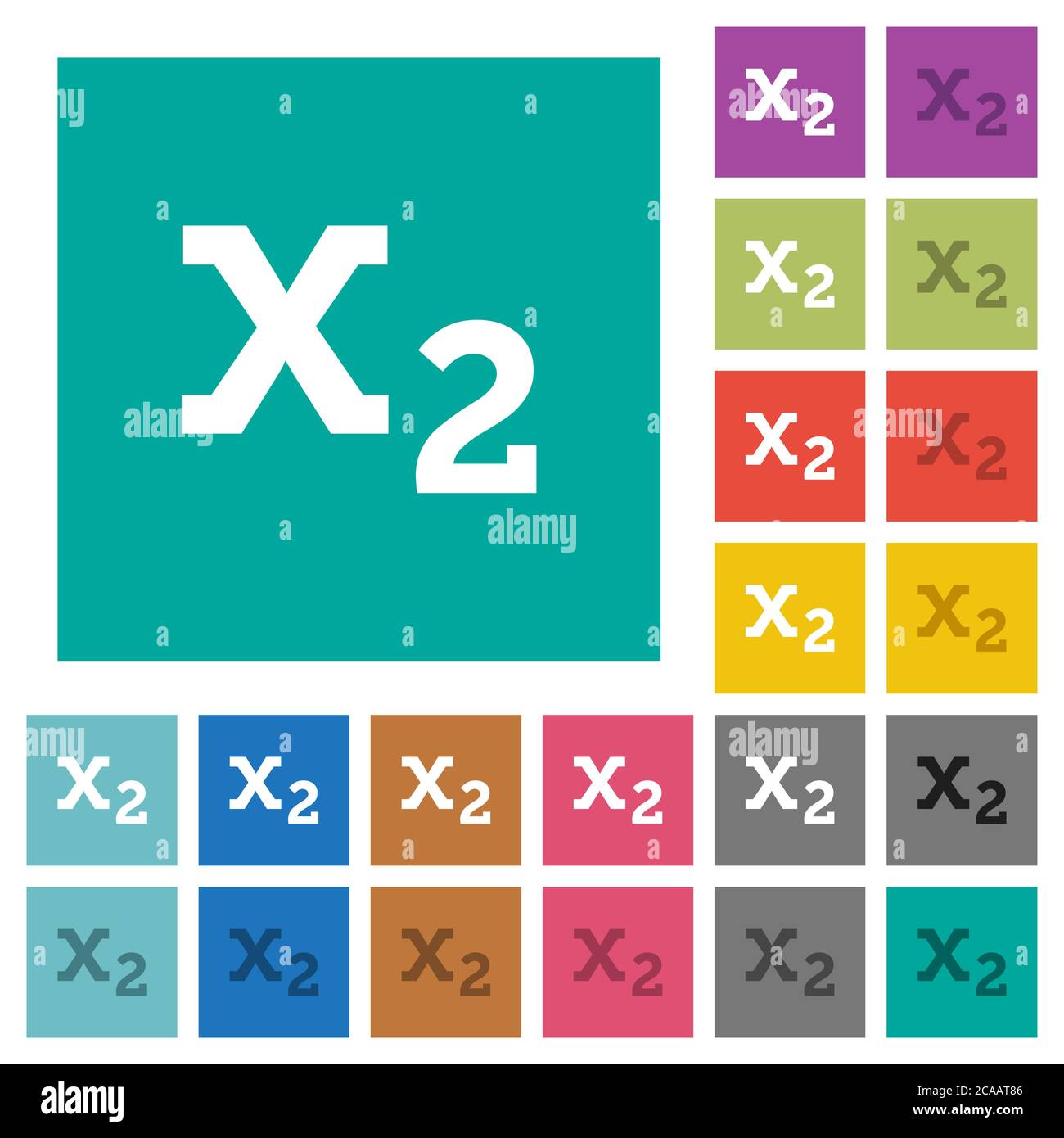 Subscript multi colored flat icons on plain square backgrounds. Included white and darker icon variations for hover or active effects. Stock Vector