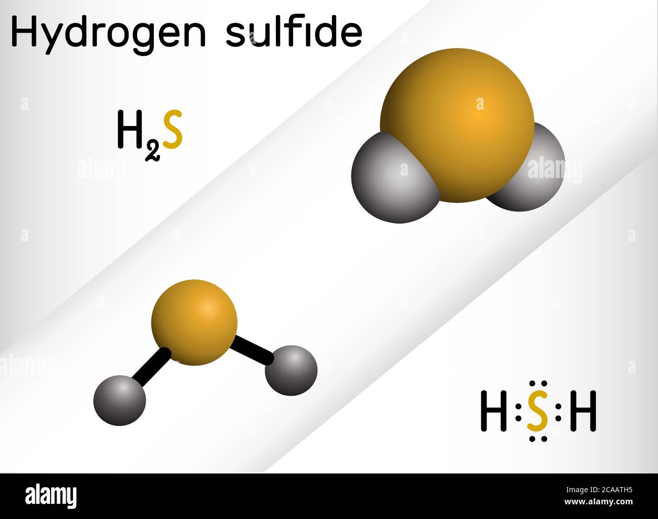 Hydrogen sulfide, hydrosulfuric acid, H2S molecule. It is highly toxic and flammable gas with foul odor of rotten eggs. Structural chemical formula an Stock Vector