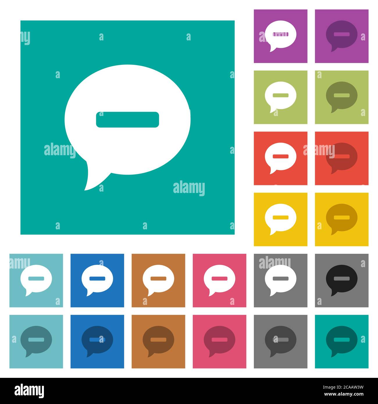 Delete comment multi colored flat icons on plain square backgrounds. Included white and darker icon variations for hover or active effects. Stock Vector