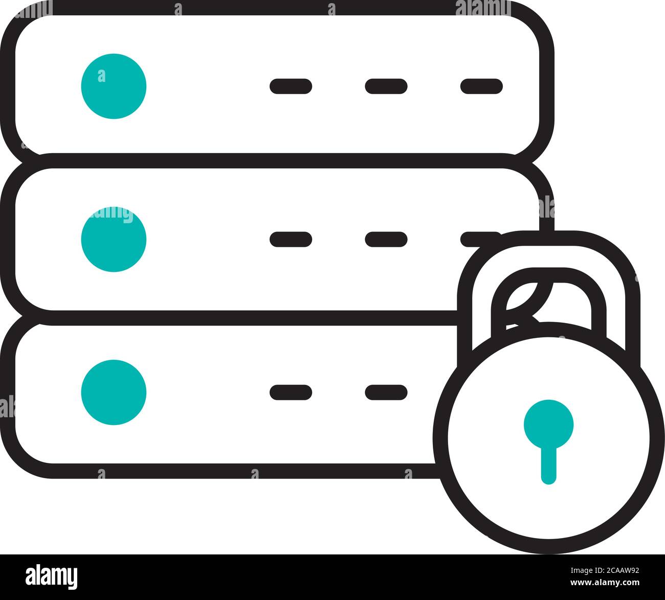 cyber security concept, data base routers and padlock icon over white