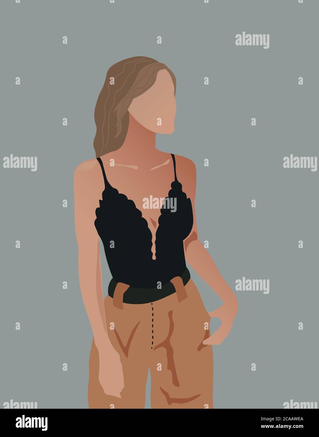 Young glamorous blonde woman in brown pants and black top posing. Vector Stock Vector