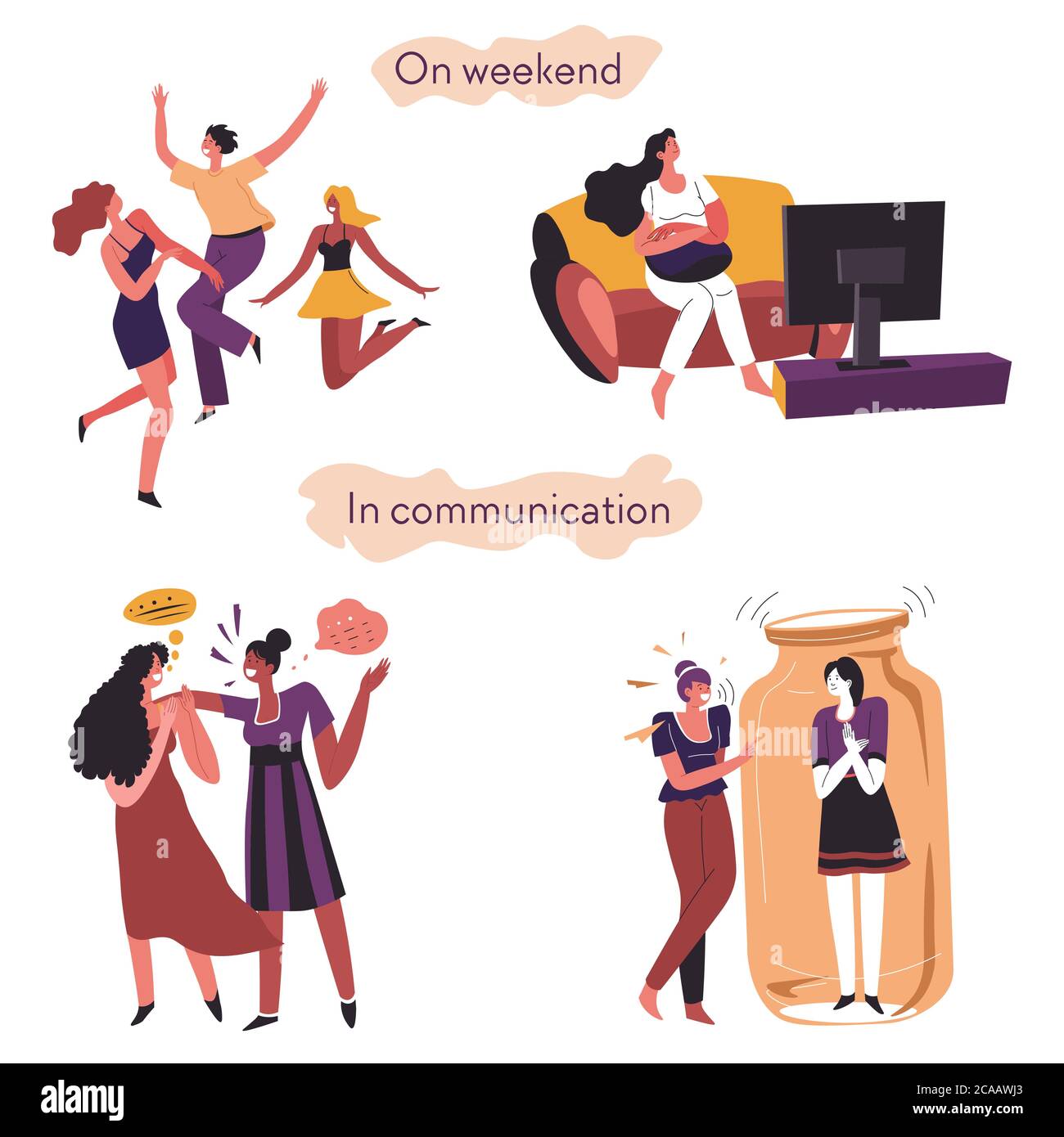 Extrovert and introvert comparison on weekends and in communication Stock Vector