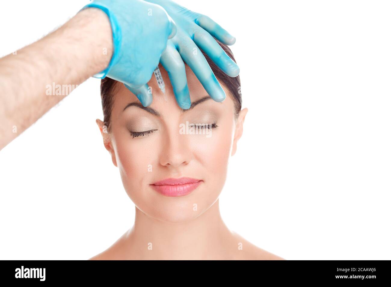 Woman having injected filler botulinum toxin injection hyaluronic acid shot anti wrinkles