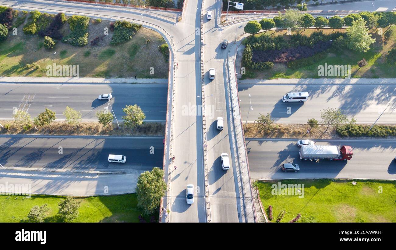 aerial view of double lane ring road and vehicles Stock Photo