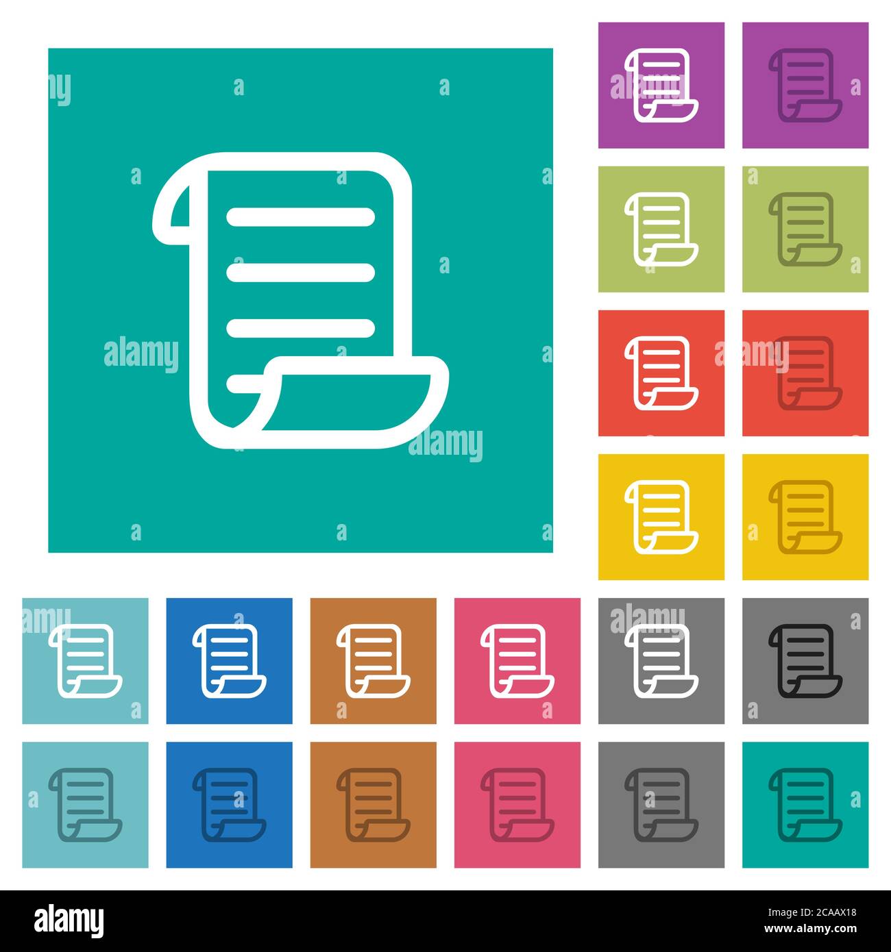Script code multi colored flat icons on plain square backgrounds. Included white and darker icon variations for hover or active effects. Stock Vector
