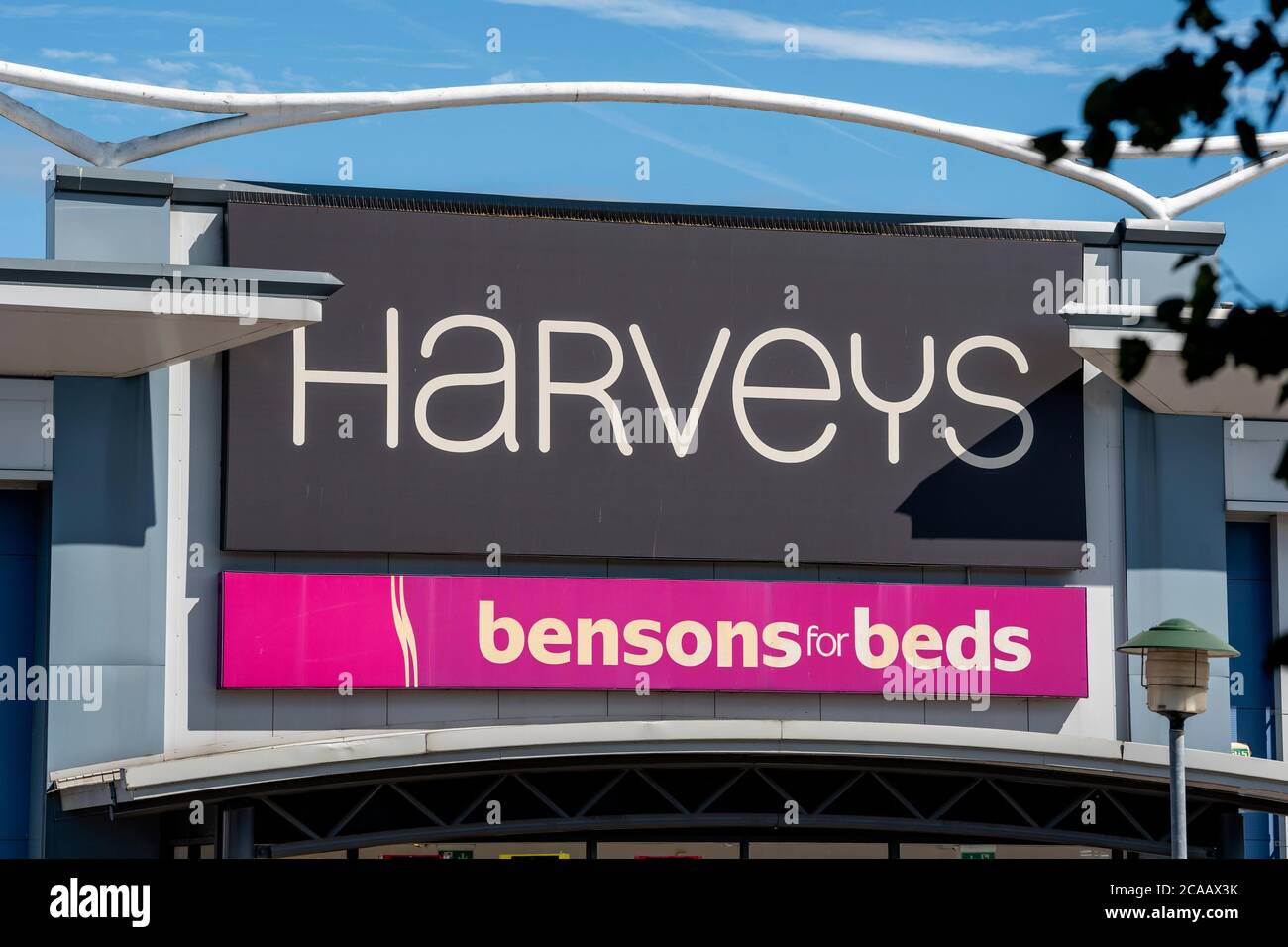 London, UK. 4th Aug, 2020. A Harveys furniture store logo at a branch in London. Credit Dave