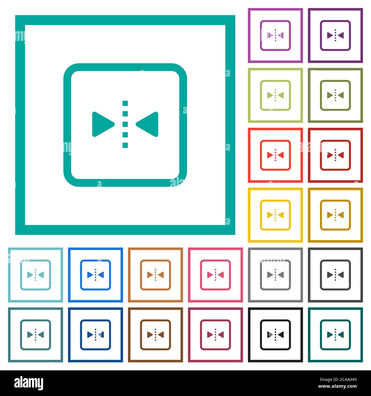 Mirror object around vertical axis flat color icons with quadrant frames on white background Stock Vector