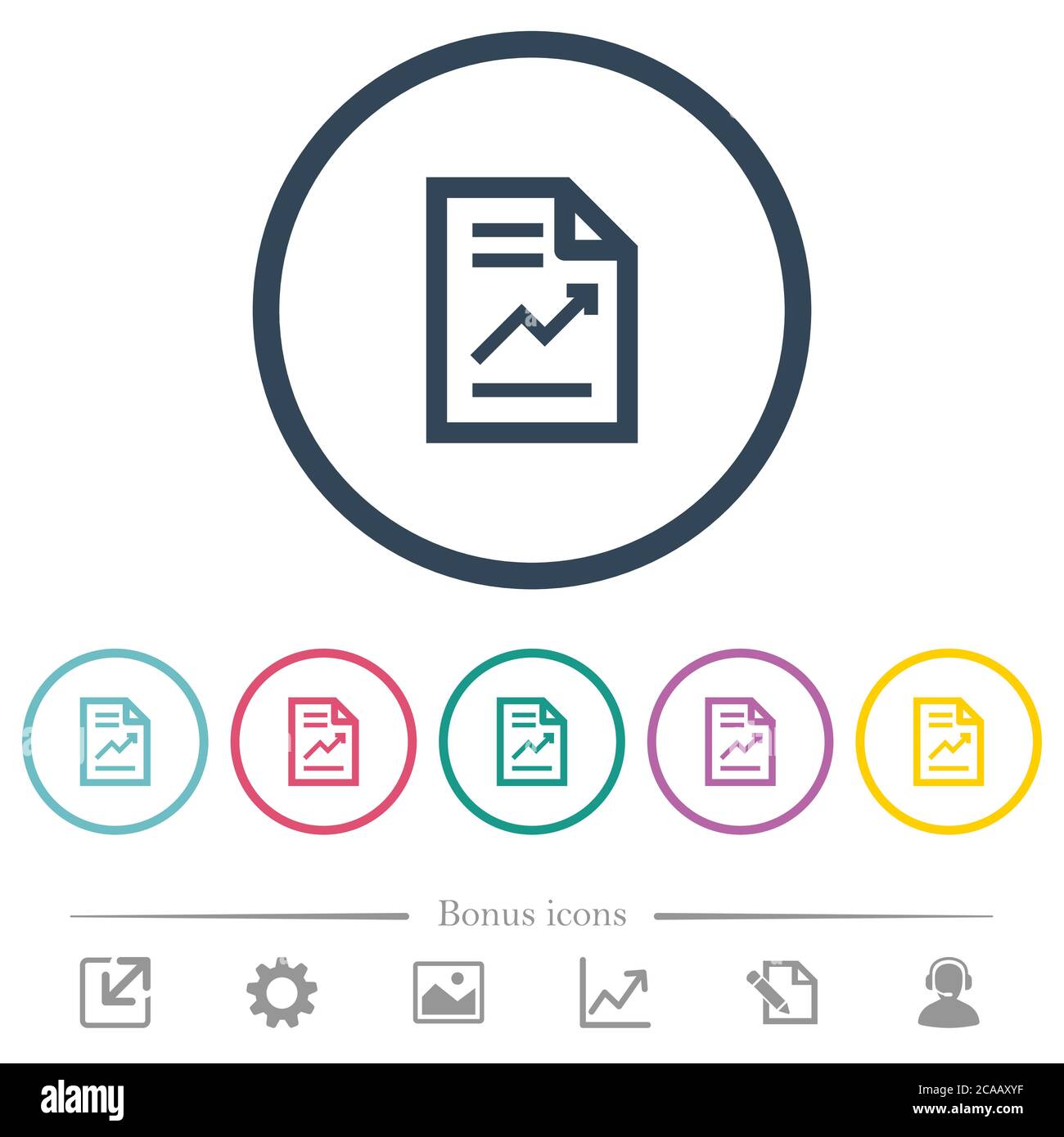 Report with graph flat color icons in round outlines. 6 bonus icons ...