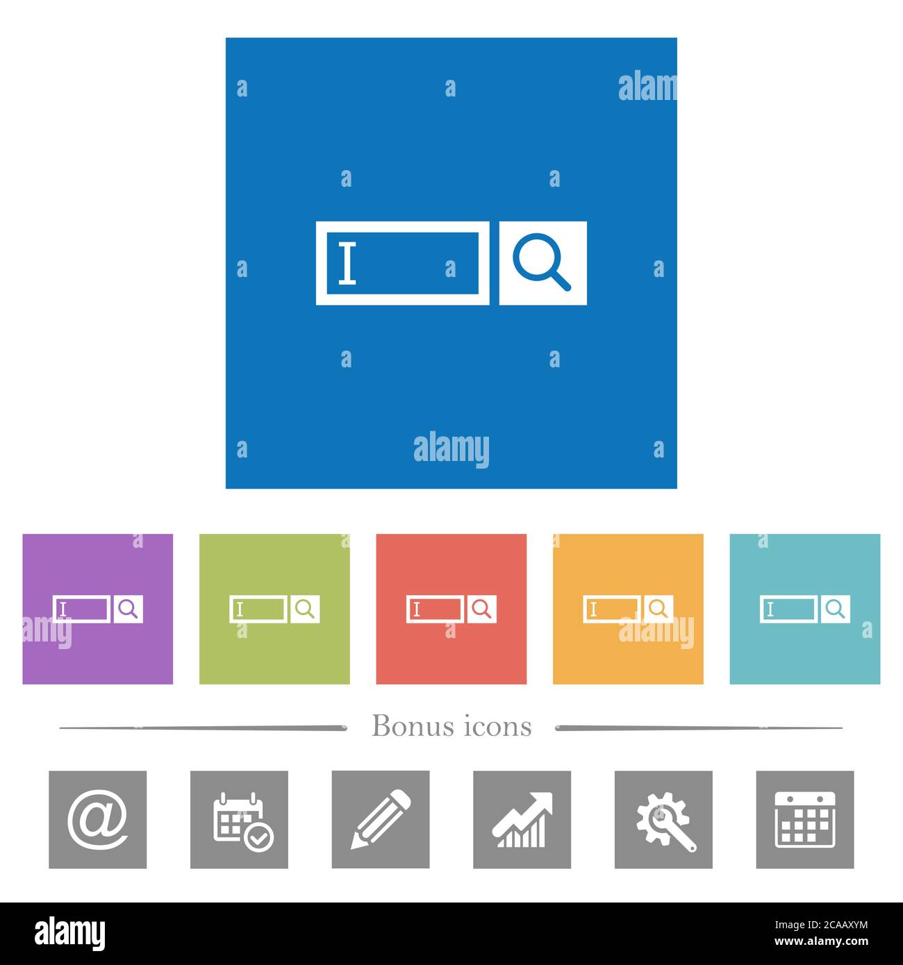 Search box with cursor flat white icons in square backgrounds. 6 bonus ...