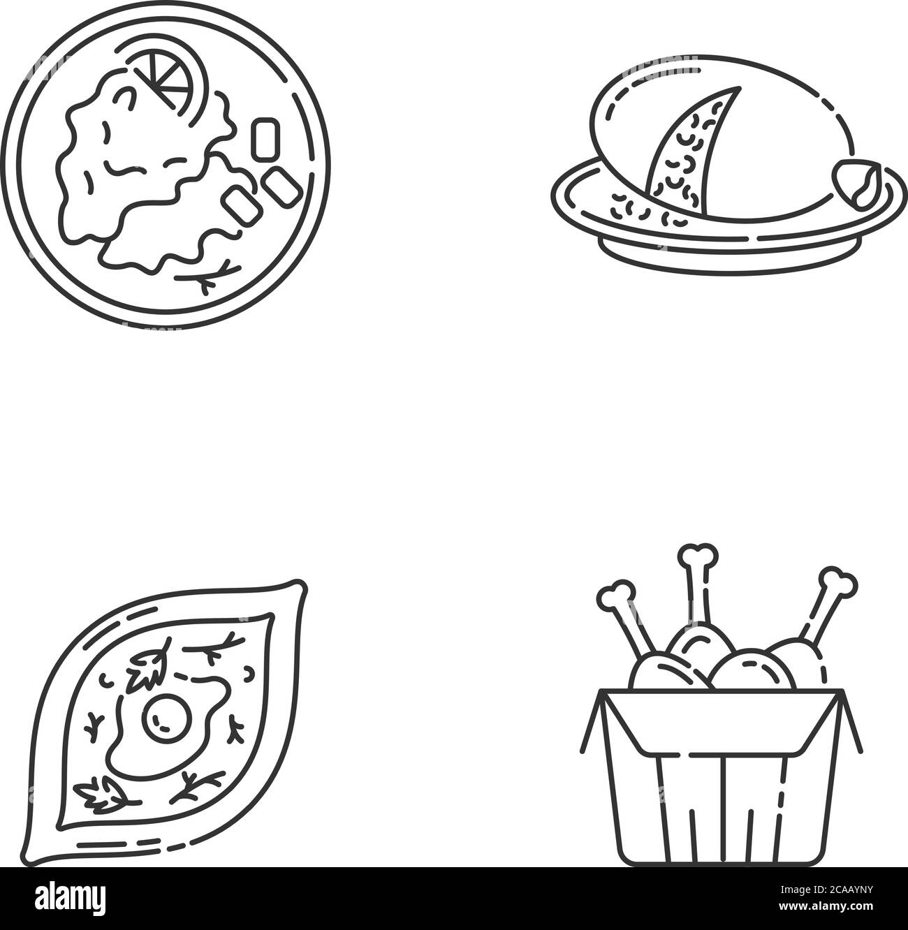 Fast food pixel perfect linear icons set. Scottish haggis. Wiener schnitzel. Georgian khachapuri. Customizable thin line contour symbols. Isolated vec Stock Vector