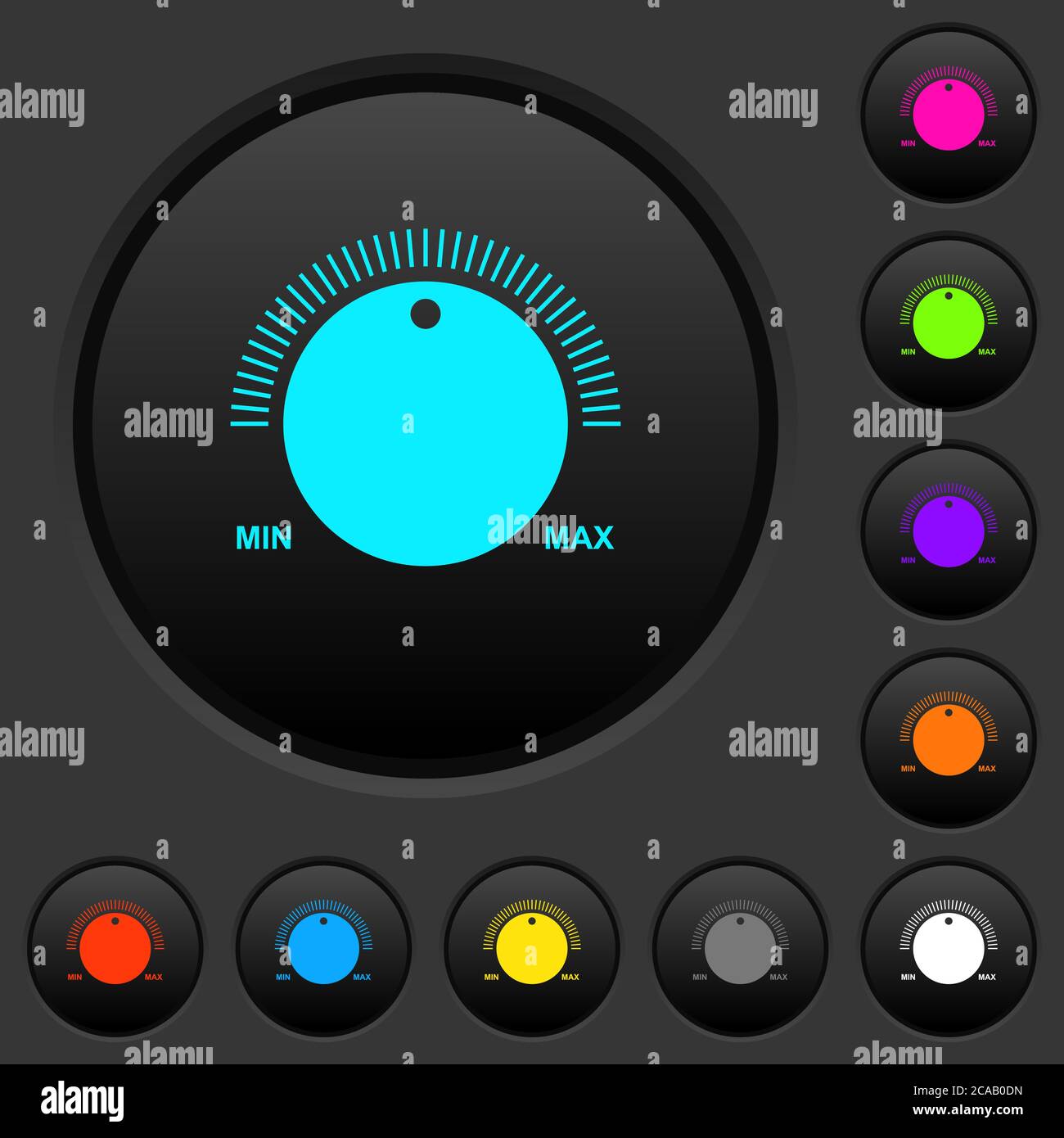 Volume control with captions dark push buttons with vivid color icons ...