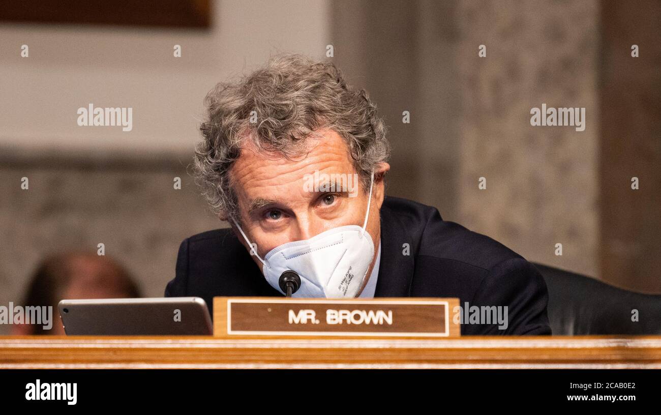 Washington, U.S. 05th Aug, 2020. August 5, 2020 - Washington, DC, United States: U.S. Senator Sherrod Brown (D-OH) speaking at a Senate Banking, Housing, and Urban Affairs committee business meeting to consider the nominations of Hester Maria Peirce, of Ohio, and Caroline A. Crenshaw, of the District of Columbia, both to be a Member of the Securities and Exchange Commission, and Kyle Hauptman, of Maine, to be a Member of the National Credit Union Administration Board. (Photo by Michael Brochstein/Sipa USA) Credit: Sipa USA/Alamy Live News Stock Photo
