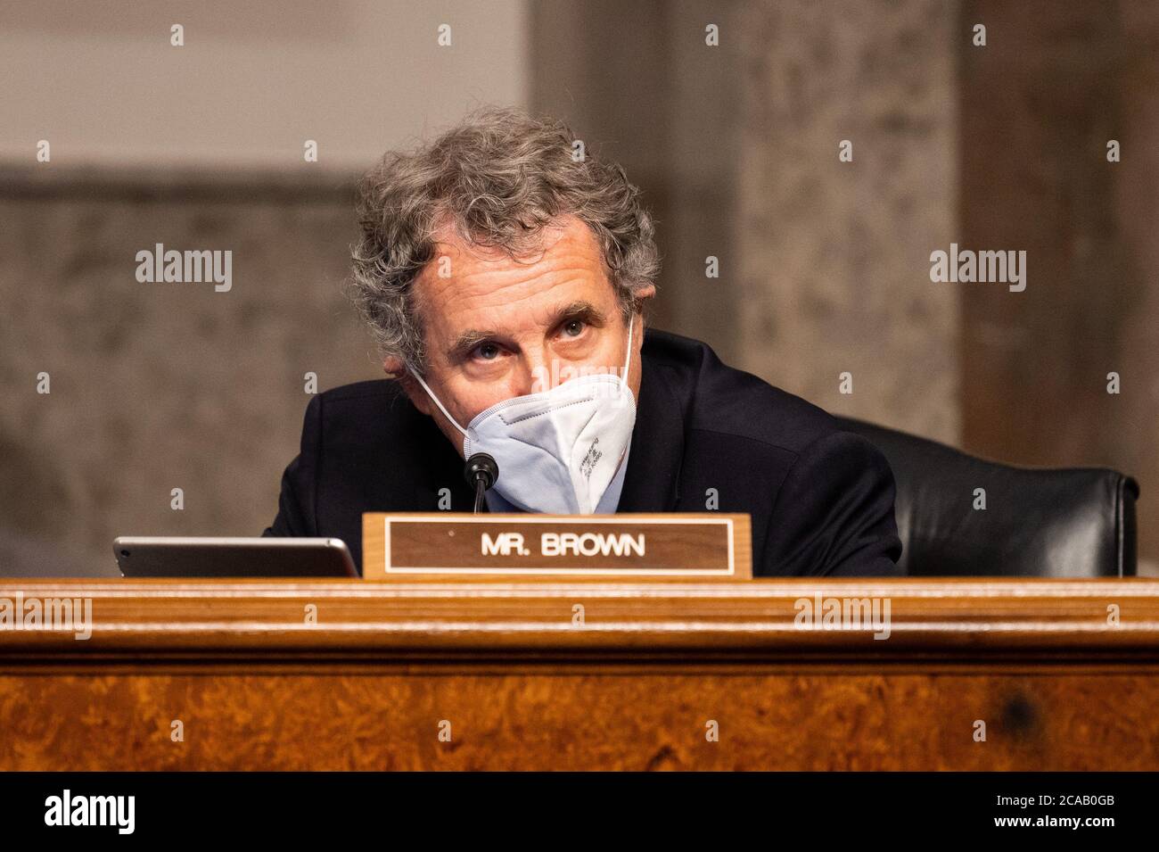 Washington, U.S. 05th Aug, 2020. August 5, 2020 - Washington, DC, United States: U.S. Senator Sherrod Brown (D-OH) speaking at a Senate Banking, Housing, and Urban Affairs committee business meeting to consider the nominations of Hester Maria Peirce, of Ohio, and Caroline A. Crenshaw, of the District of Columbia, both to be a Member of the Securities and Exchange Commission, and Kyle Hauptman, of Maine, to be a Member of the National Credit Union Administration Board. (Photo by Michael Brochstein/Sipa USA) Credit: Sipa USA/Alamy Live News Stock Photo