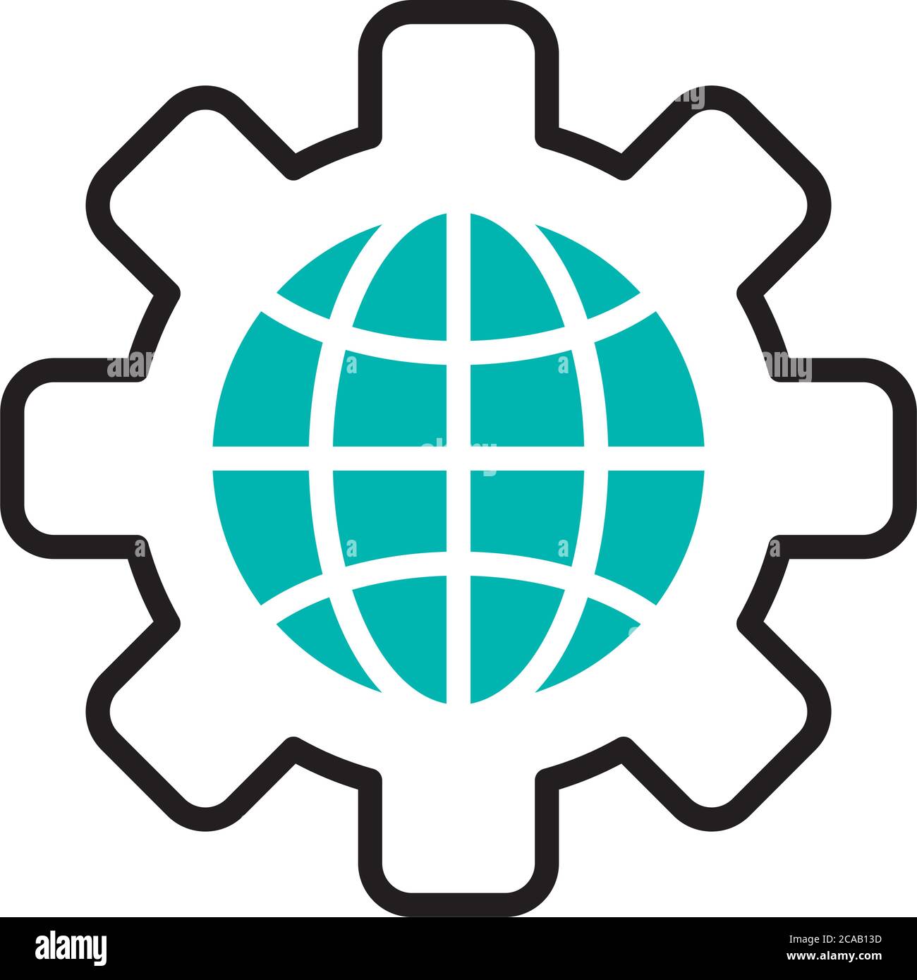 gear wheel with global sphere icon over white background, half line ...