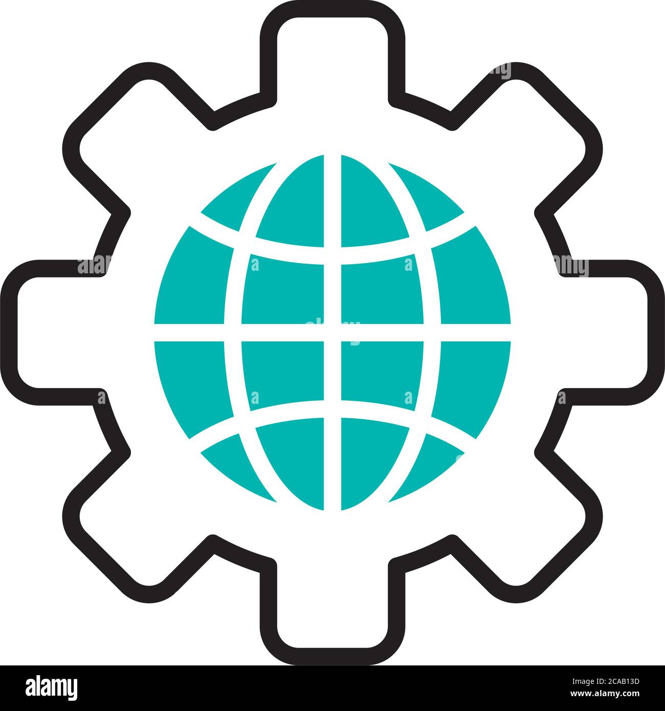 gear wheel with global sphere icon over white background, half line half color style, vector illustration Stock Vector