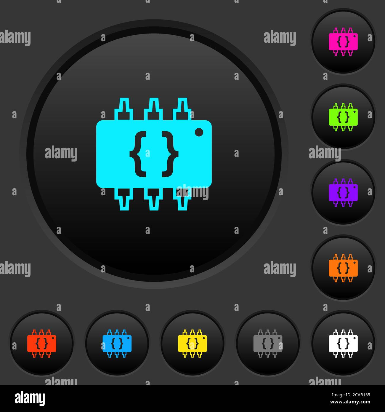 Hardware programming dark push buttons with vivid color icons on dark grey background Stock Vector