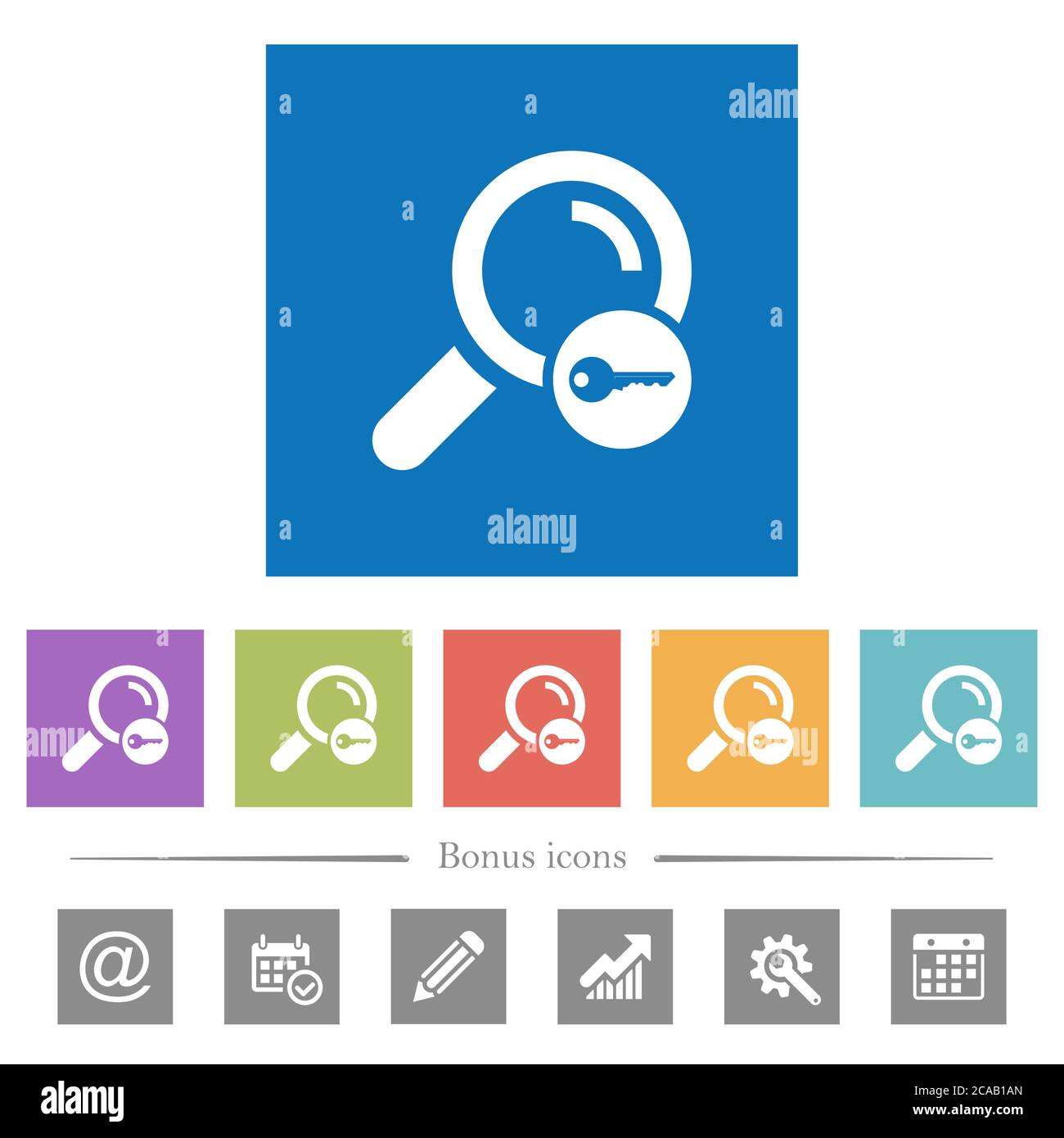 Secure search flat white icons in square backgrounds. 6 bonus icons ...