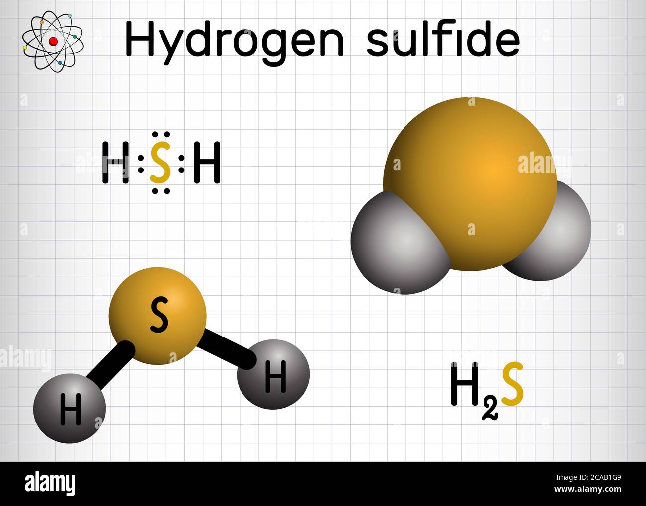 Hydrogen sulfide, hydrosulfuric acid, H2S molecule. It is highly toxic and flammable gas with foul odor of rotten eggs. Sheet of paper in a cage. Vect Stock Vector