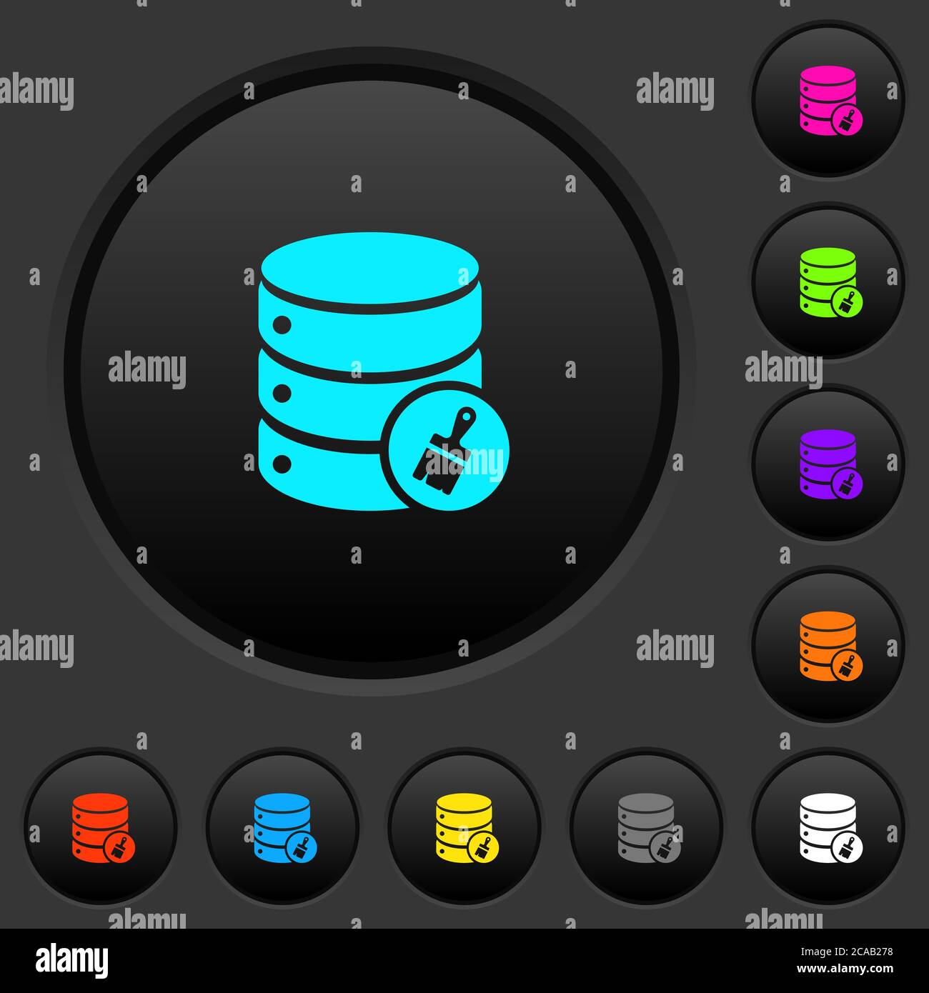Database paste data dark push buttons with vivid color icons on dark grey background Stock Vector