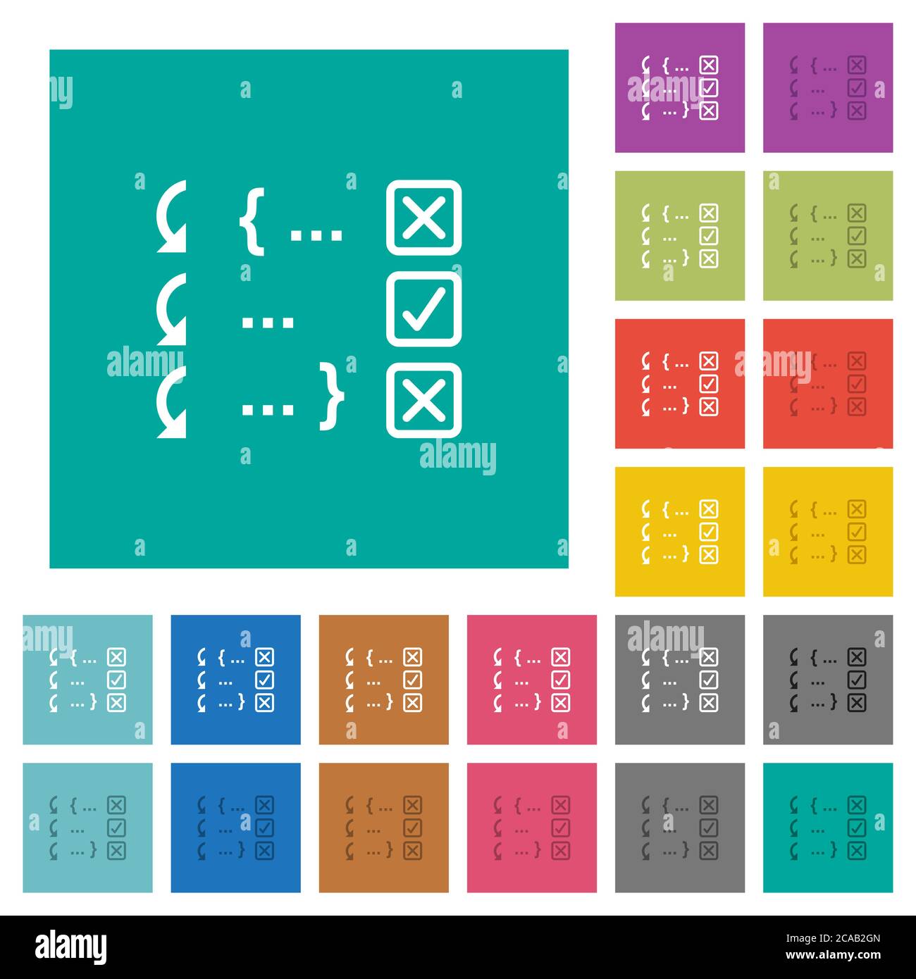 Debugging program multi colored flat icons on plain square backgrounds. Included white and darker icon variations for hover or active effects. Stock Vector