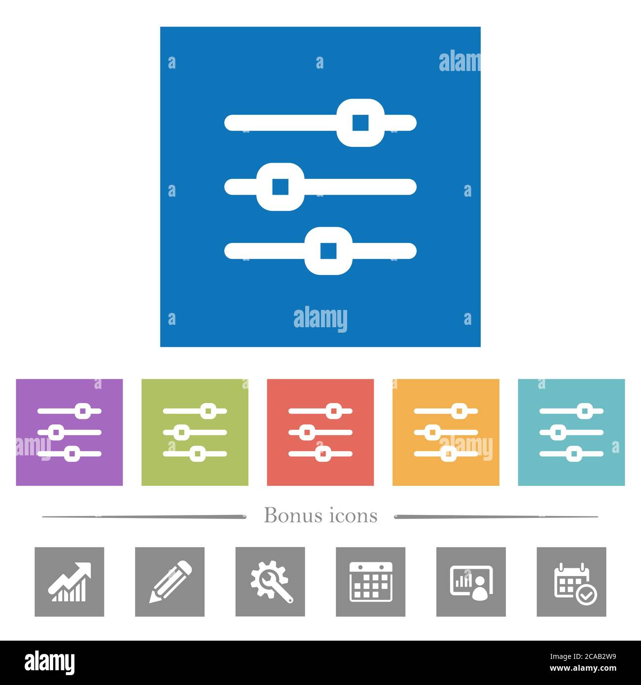 Horizontal adjustment flat white icons in square backgrounds. 6 bonus ...