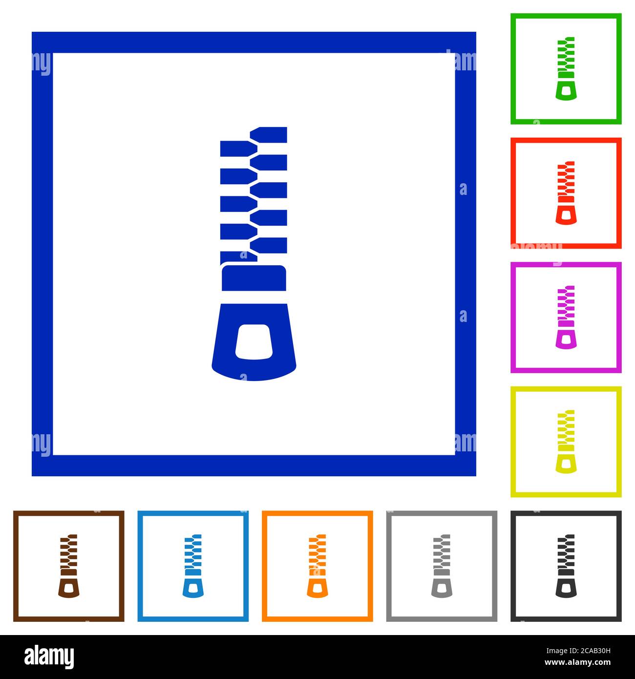 Vertical zipper flat color icons in square frames on white background Stock Vector